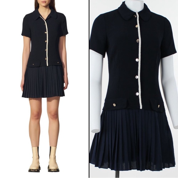 Sandro Alberta Pleated Drop-Waist Dress Blue 42/ US 10 - Picture 1 of 13